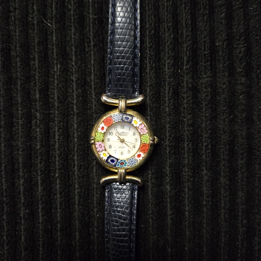 Ladies Murano Millefiori Watch With Leather Band Dark Navy